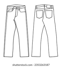 Technical sketch drawing of Men's denim jeans trouser pants vector template, flat sketch, isolated on white background, suitable for your slim fit jeans, editable color and stroke.