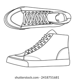 Technical sketch drawing of Mens High Top Sneakers Casual Shoes, suitable for your custom sneakers Shoes design, outline vector doodle illustration, side and top view isolated on white background