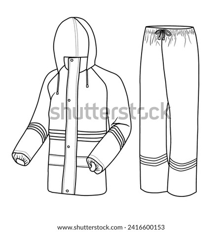 Technical sketch drawing of Mens Jacket Waterproof Lightweight Mountain Sport Jacket design Line art. Hand drawn Vector illustration. Men Hooded Windbreaker Raincoat, Isolated on white background