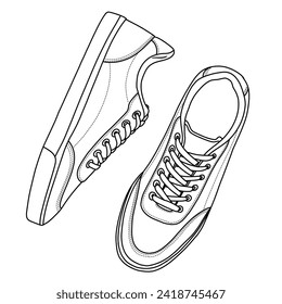 Technical sketch drawing of Mens Low Top Sneaker Classic Casual Sneakers, suitable for your custom Leather Tennis Shoes design, outline vector doodle illustration, top and side view isolated on white 