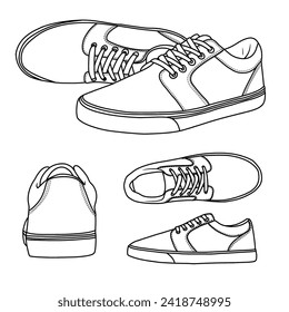 Technical sketch drawing of Mens Low Top Sneaker Classic Casual Sneakers, suitable for your custom sneakers design, outline vector doodle illustration, various view isolated on white background