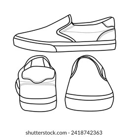 Dibujo de esbozo técnico de Mens Slip On Canvas Shoes Sneakers, adecuado para el diseño de zapatos de deslizamiento personalizado, ilustración de doodle de contorno, vista lateral, frontal y trasera aislados en blanco 