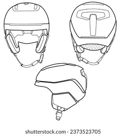 Technical sketch drawing of men's snow helmet line art. Front, back, and side views, isolated on a white background.