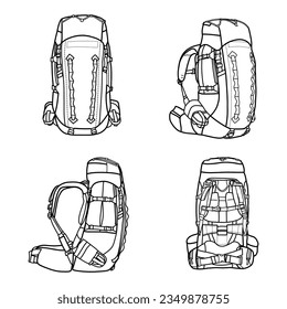 Dibujo técnico de la plantilla vectorial de la mochila Trekking masculina, vista frontal, trasera y lateral, aislada en fondo blanco, adecuada para su mochila de senderismo Masculino color y trazo editable