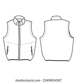 Technical sketch drawing of Men's Vest vector template in front, side and back view, isolated on white background,suitable for your custom Men's Vest Jacket design editable color and stroke.