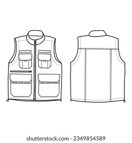 Technical sketch drawing of Men's Vest vector template in front, side and back view, isolated on white background,suitable for your custom Men's Vest Jacket design editable color and stroke.