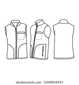 Dibujo técnico de la plantilla vectorial Men's Vest en la vista frontal, lateral y trasera, aislada en el fondo blanco, adecuado para su diseño Hombres Chalet de Chalet de diseño editable color y trazo.