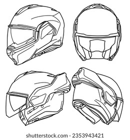 Technical sketch drawing of modular full face helmet line art, isometric, front, side and back view, flat sketch, isolated on white background, suitable for your full face helmet, editable color