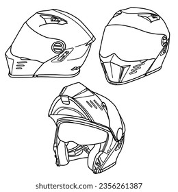 Technische Skizze, modulare Vollbild-Helm-Linie, Seite und isometrischer Ansicht, flache Skizze einzeln auf weißem Hintergrund, geeignet für Ihren vollen Gesichtshelm, bearbeitbare Farbe