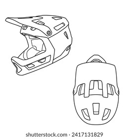 Dibujo técnico de líneas de casco de bicicleta de montaña, vista superior y lateral. esbozo plano, aislado en un fondo blanco