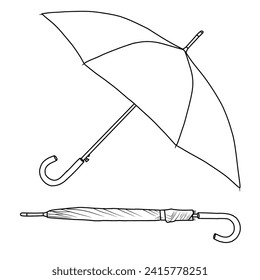 Technical sketch drawing of Open and folded umbrellas, Line art. Hand drawn colored Vector illustration. Cartoon style. suitable for your  umbrella design templates. Isolated on white background 