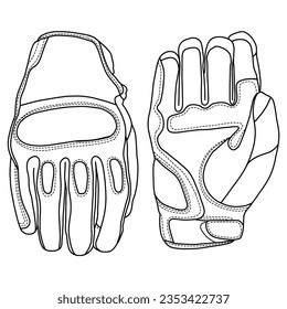 Technical sketch drawing of pair Motorcycle gloves line art, flat sketch, isolated on white background, suitable for your pair Motorcycle gloves, editable color and stroke.