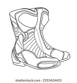 Technical sketch drawing of pair Motorcycle racing boots line art model, flat sketch, isolated on white background, suitable for your pair Motorcycle racing shoes model, editable color and stroke.