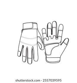 Technical sketch drawing of a pair of safety work gloves, utility mechanic working gloves, padded knuckles, and palm line art.