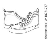 Technical sketch drawing of Pairs Mens High Top Sneakers Line art, suitable for your custom sneakers Shoes design, outline vector doodle illustration, 3d view isolated on white background