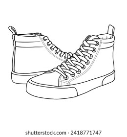 Dibujo de esbozo técnico de Pairs Mens High Top Sneakers Line, adecuado para sus zapatillas personalizadas Diseño de zapatos, ilustración de doodle de vector de contorno, vista 3d aislada en fondo blanco