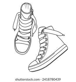 Technical sketch drawing of Pairs Womens High Top Canvas Sneakers shoes Line art, suitable for your custom Thick Shoes design, outline vector doodle illustration, top and side view isolated on white