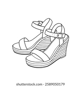 Technical sketch drawing of platform wedges ankle with buckle strap line art. Side view. Flat sketch vector. Isolated on a white background