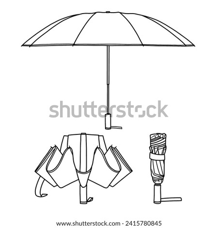 Technical sketch drawing of Portable, Foldable Reverse Rain Umbrella Line art. Hand drawn colored Vector illustration. Cartoon style. suitable for your umbrella design, Isolated on white background