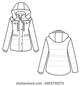 Technical sketch drawing of a puffer coat with detachable hood line art. Flat sketch winter jacket, front and back view. Isolated on white background