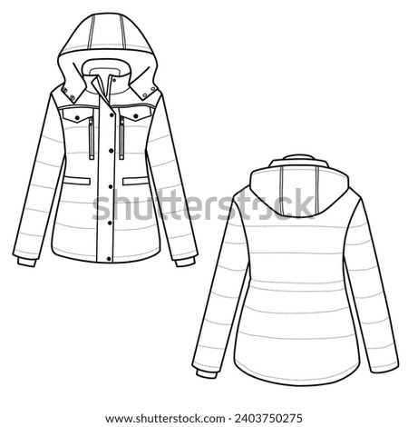 Technical sketch drawing of a puffer coat with detachable hood line art. Flat sketch winter jacket, front and back view. Isolated on white background