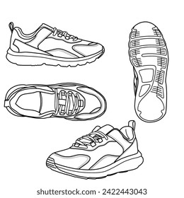 Technical sketch drawing of running shoes, front, top, side, and bottom view. Flat sketch vector, isolated on a white background.