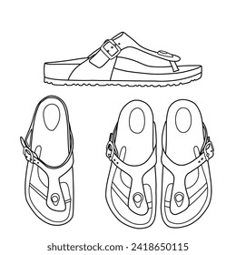 Technical sketch drawing of sandal for woman line art, top, and side view, flat sketch vector, isolated on a white background,