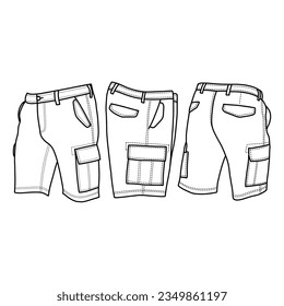 Technical sketch drawing of Short Cargo Pants vector template, front, back and side view, isolated on white background, suitable for your custom short cargo pants design, editable color and stroke.