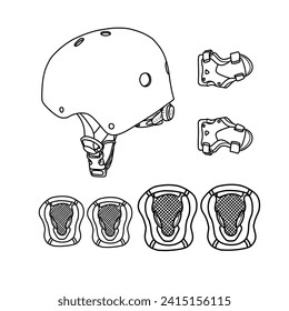 Technical sketch drawing of Skate Helmet with Protective Gear Knee Pads Elbow Pads Wrist Guards line art. line drawing of Attributes of skateboarding, various view isolated with white background.