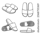 Technical sketch drawing of Slippers line art, top, side, bottom and isometric view, flat sketch vector, isolated on white background, suitable for your slippers, editable color