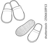 Technical sketch drawing of slippers line art, top, side, bottom and isometric view, flat sketch vector, isolated on white background, suitable for your slippers, editable color