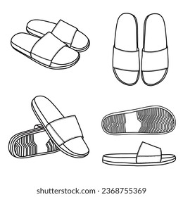 Technical sketch drawing of Slippers line art, top, side, bottom and isometric view, flat sketch vector, isolated on white background, suitable for your slippers, editable color - Shutterstock ID 2368755369