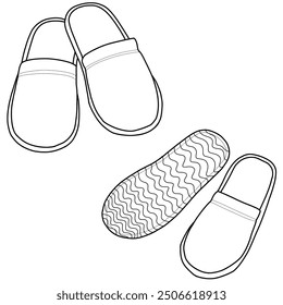 Technical sketch drawing of slippers line art, top, side, bottom and isometric view, flat sketch vector, isolated on white background, suitable for your slippers, editable color