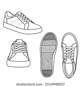 Technical sketch drawing of sneakers running shoes, front, side, top, and button view. Flat sketch vector. Isolated on a white background, suitable for your sneakers, editable color