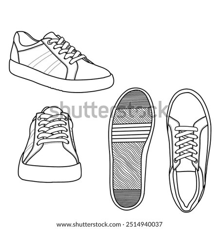 Technical sketch drawing of sneakers running shoes, front, side, top, and button view. Flat sketch vector. Isolated on a white background, suitable for your sneakers, editable color