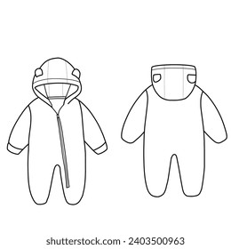 Technical sketch drawing of a snowsuit for baby line art. Flat sketch winter jacket, front and back view. Isolated on a white background