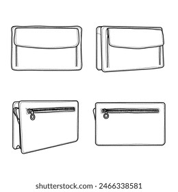 Technical sketch drawing vector Illustration of clutch bag line art, suitable for your custom men's bag design, outline vector doodle illustration, front  and rear view isolated on white background