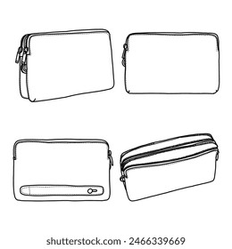 Dibujo de boceto técnico Ilustración vectorial de arte de la línea de bolso del embrague, conveniente para su diseño personalizado de bolso de los hombres, ilustración del doodle del Vector del contorno, vista isométrica, delantera y trasera aislada en blanco 