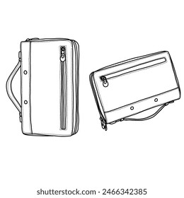 Dibujo de boceto técnico Ilustración vectorial de arte de la línea de bolso del embrague, conveniente para su diseño personalizado del bolso de los hombres, contorno del lado de la ilustración del doodle del Vector y vista 3D aislada sobre fondo blanco