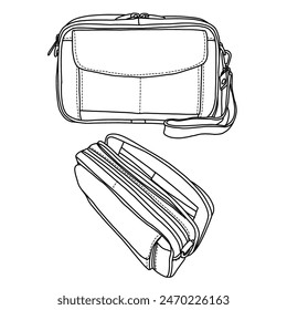 Dibujo de boceto técnico Ilustración vectorial de arte de la línea de bolso del embrague, conveniente para su diseño personalizado del bolso de los hombres, contorno del lado de la ilustración del doodle del Vector y vista isométrica, aislada sobre fondo blanco