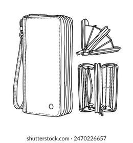 Technical sketch drawing vector Illustration of clutch bag line art, suitable for your custom men's bag design, outline vector doodle illustration front, side and top view, isolated on white 