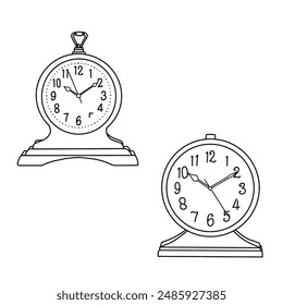 Technical sketch drawing of vintage desk clock line art, flat sketch vector illustration. Isolated on a white background.