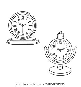 Technical sketch drawing of vintage desk clock line art, flat sketch table, and shelf clocks for the living room vector illustration. Isolated on a white background.