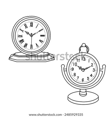 Technical sketch drawing of vintage desk clock line art, flat sketch table, and shelf clocks for the living room vector illustration. Isolated on a white background.