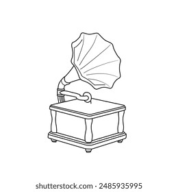 Technical sketch drawing of vintage gramophone phonograph turntable vinyl line art, flat sketch vector illustration. Isolated on a white background.