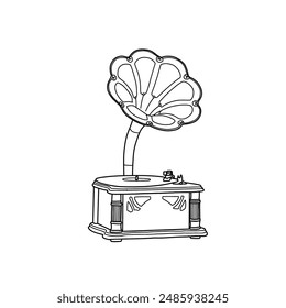 Technical sketch drawing of vintage retro gramophone phonograph turntable vinyl line art, flat sketch vector illustration. Isolated on a white background.