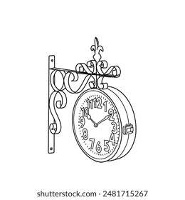 Technical sketch drawing of vintage wall clock line art, flat sketch vector illustration. Isolated on a white background.