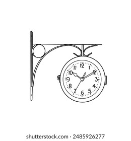 Technical sketch drawing of vintage wall clock line art, flat sketch vector illustration. Isolated on a white background.