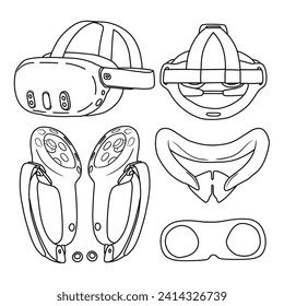 Technical sketch drawing of Virtual reality headset and motion controller line art. line drawing of VR gaming. Vector illustration, isolated with white background.