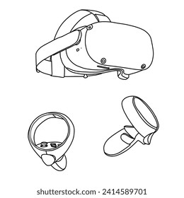 Technical sketch drawing of Virtual reality headset and motion controller line art. line drawing of VR gaming. Vector illustration, isometric view isolated with white background.